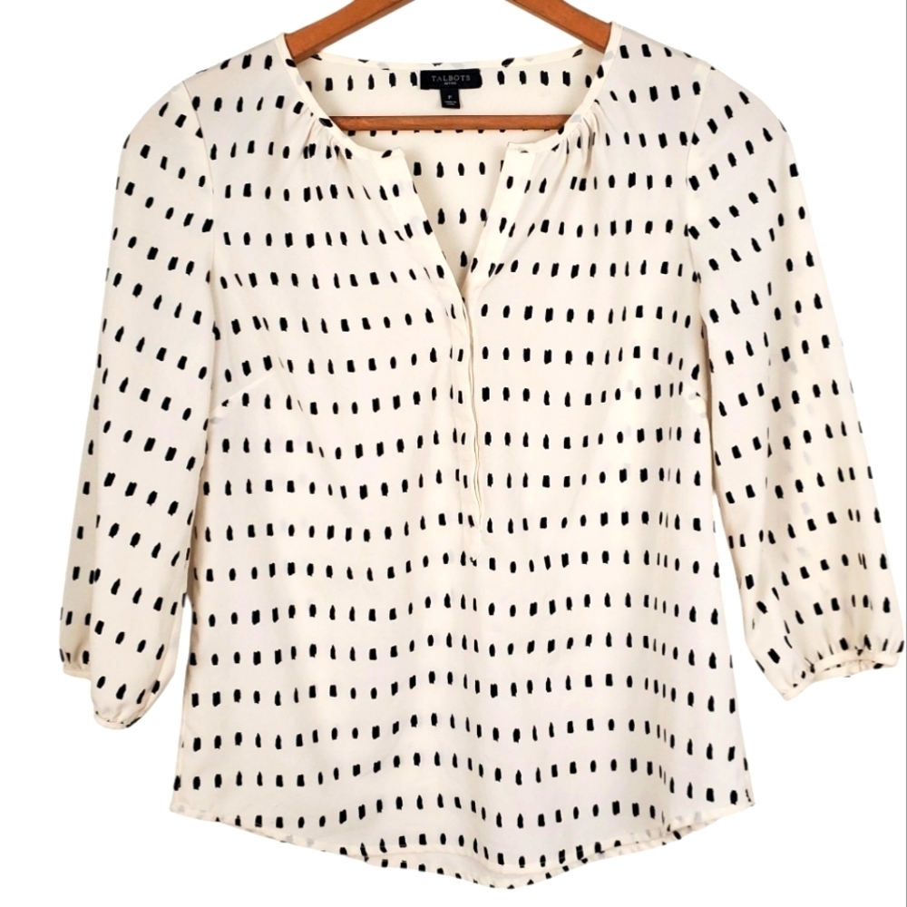 Talbots White and Black Silky Blouse. PETITE